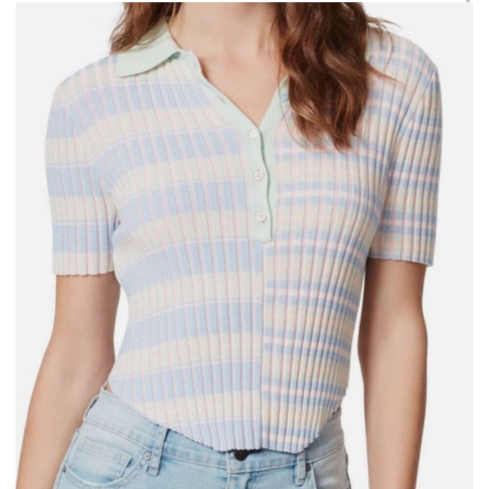 Frayed Denim Ribbed Collared Top Womens Size Large Preppy Stripes‎ Tennis